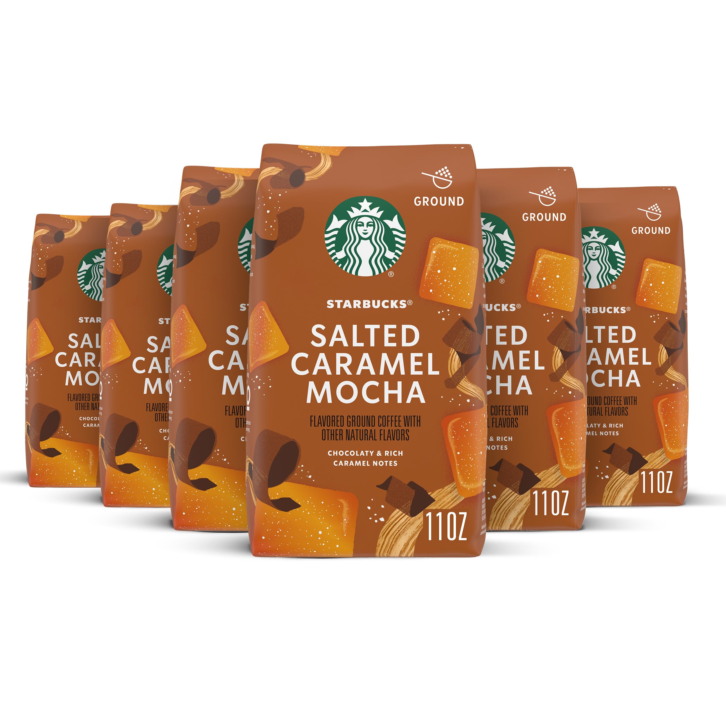 Starbucks Ground Coffee, Salted Caramel Mocha Naturally Flavored Coffee, 100% Arabica, Limited Edition, 6 Bags (11 Oz Each)